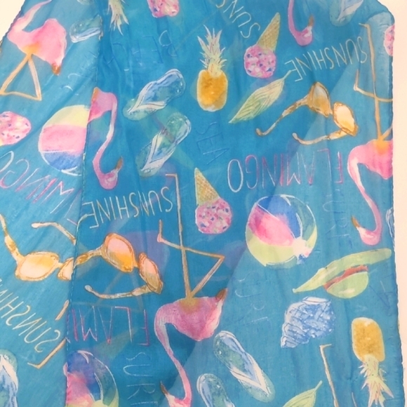 Scarf Flamingo Print Beach Motif Aqua Blue Resort Cruise Whimsical - Picture 4 of 8